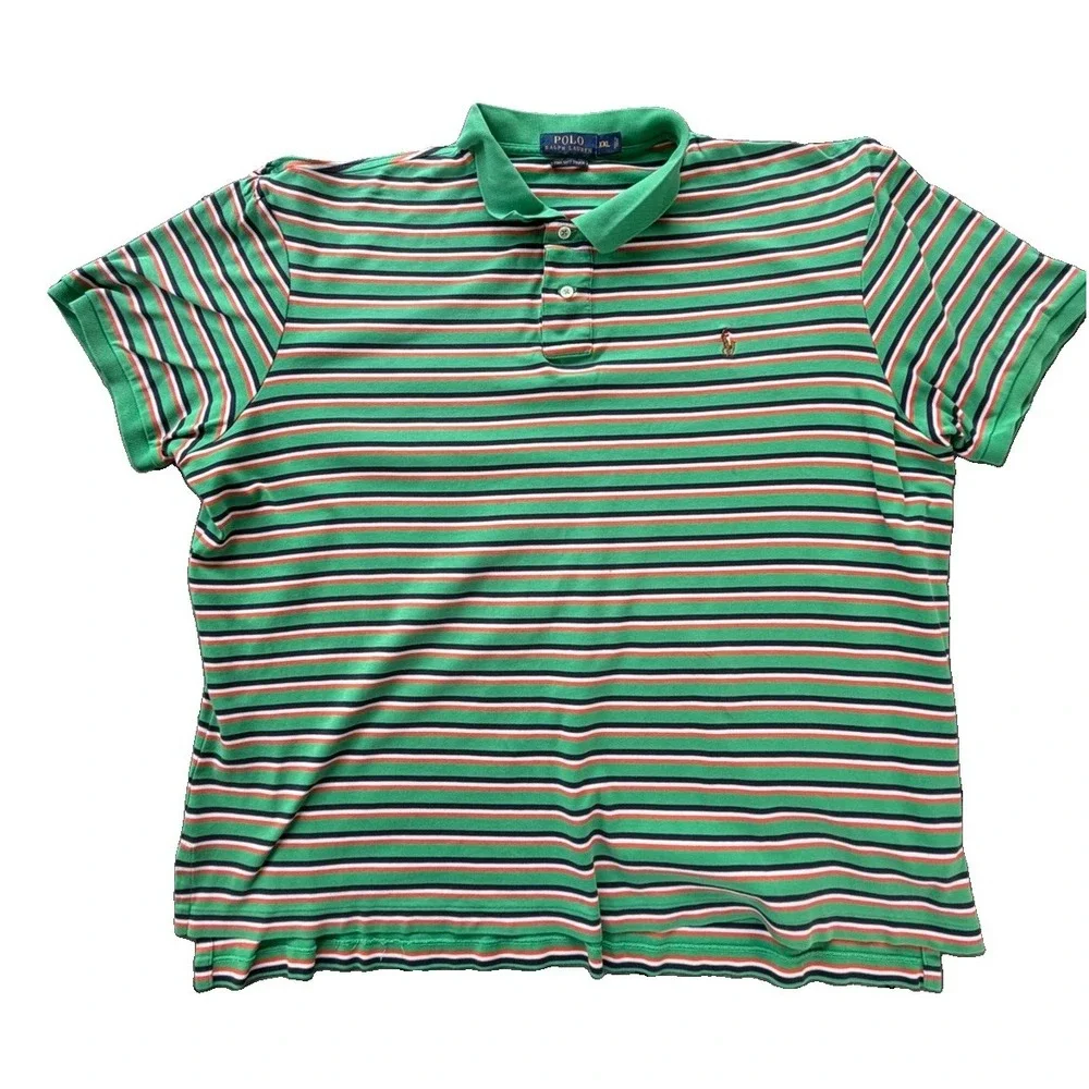 Polo Ralph Lauren Shirt XL Green Striped Short Sleeve Pima Soft Touch Brown Pony